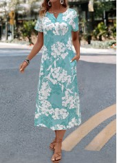 Floral Print Mint Green A Line Short Sleeve Dress