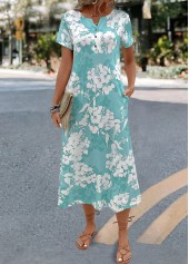 Floral Print Mint Green A Line Short Sleeve Dress