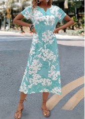 Floral Print Mint Green A Line Short Sleeve Dress