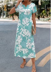 Floral Print Mint Green A Line Short Sleeve Dress