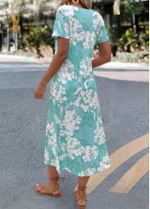 Floral Print Mint Green A Line Short Sleeve Dress