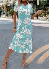 Floral Print Mint Green A Line Short Sleeve Dress