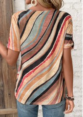 Geometric Print Button Multi Color Short Sleeve T Shirt