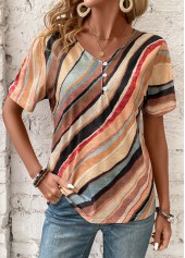 Geometric Print Button Multi Color Short Sleeve T Shirt