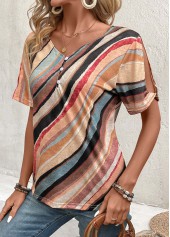 Geometric Print Button Multi Color Short Sleeve T Shirt