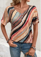 Geometric Print Button Multi Color Short Sleeve T Shirt