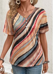 Geometric Print Button Multi Color Short Sleeve T Shirt