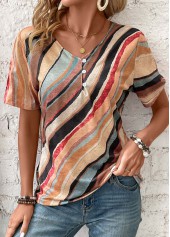 Geometric Print Button Multi Color Short Sleeve T Shirt