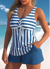 Striped Lace Up Blue Tankini Set