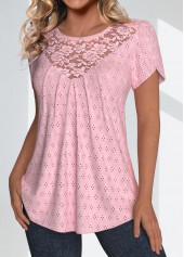 Lace Light Pink Short Sleeve Round Neck T Shirt