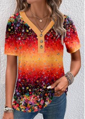 Ditsy Floral Print Button Orange Short Sleeve T Shirt