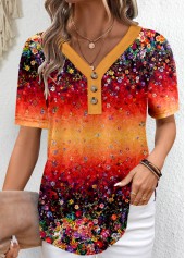Ditsy Floral Print Button Orange Short Sleeve T Shirt