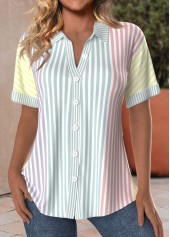 Striped Button Multi Color Short Sleeve Shirt Collar Blouse