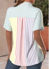 Striped Button Multi Color Short Sleeve Shirt Collar Blouse