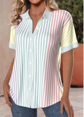 Striped Button Multi Color Short Sleeve Shirt Collar Blouse