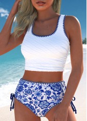 Random Floral Print Drawstring White Bikini Set