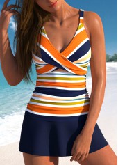 Multi Stripe Print Surplice Navy Tankini Set
