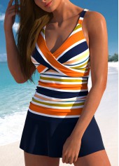Multi Stripe Print Surplice Navy Tankini Set