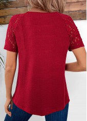 Lace Wine Red Short Sleeve V Neck T Shirt