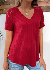 Lace Wine Red Short Sleeve V Neck T Shirt