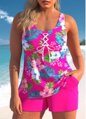 Tropical Plants Print Lace Up Hot Pink Tankini Set