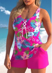 Tropical Plants Print Lace Up Hot Pink Tankini Set