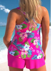 Tropical Plants Print Lace Up Hot Pink Tankini Set