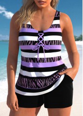 Striped Lace Up Light Purple Tankini Set
