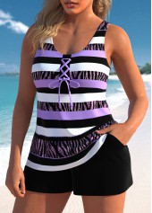 Striped Lace Up Light Purple Tankini Set
