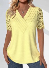Lace Light Yellow Short Sleeve V Neck T Shirt