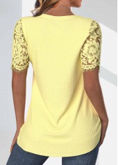 Lace Light Yellow Short Sleeve V Neck T Shirt