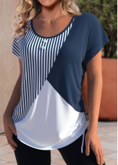Striped Patchwork Navy Short Sleeve Round Neck T Shirt