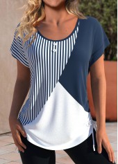 Striped Patchwork Navy Short Sleeve Round Neck T Shirt