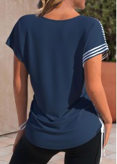 Striped Patchwork Navy Short Sleeve Round Neck T Shirt