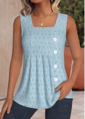 Jacquard Dusty Blue Sleeveless Square Neck Tank Top
