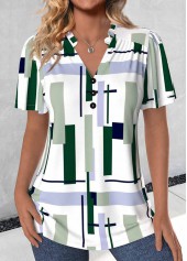 Geometric Print Split Multi Color Short Sleeve Blouse