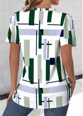 Geometric Print Split Multi Color Short Sleeve Blouse