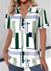 Geometric Print Split Multi Color Short Sleeve Blouse