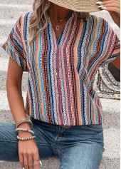 Tribal Print Button Multi Color Short Sleeve Blouse