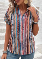 Tribal Print Button Multi Color Short Sleeve Blouse