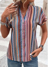 Tribal Print Button Multi Color Short Sleeve Blouse