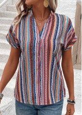 Tribal Print Button Multi Color Short Sleeve Blouse