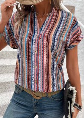 Tribal Print Button Multi Color Short Sleeve Blouse