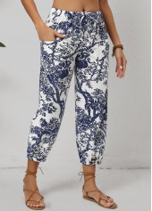Leaf Print Pocket White Jogger Drawastring Mid Waisted Pants