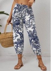 Leaf Print Pocket White Jogger Drawastring Mid Waisted Pants
