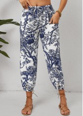 Leaf Print Pocket White Jogger Drawastring Mid Waisted Pants