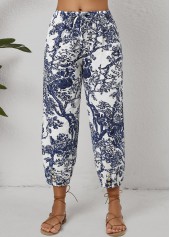 Leaf Print Pocket White Jogger Drawastring Mid Waisted Pants