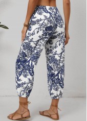 Leaf Print Pocket White Jogger Drawastring Mid Waisted Pants