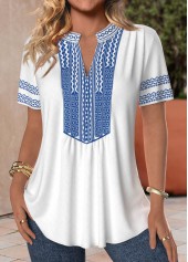Tribal Print Patchwork White Short Sleeve Split Neck Blouse