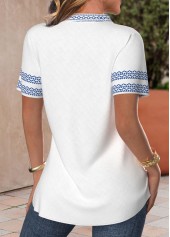 Tribal Print Patchwork White Short Sleeve Split Neck Blouse